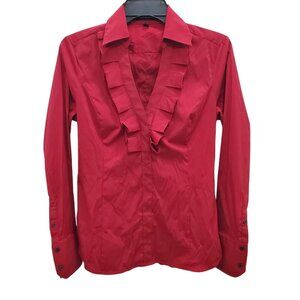 Express Design Studio Women's Y2K Dark Red Stretch Ruffle V-Neck Career Shirt‎ S